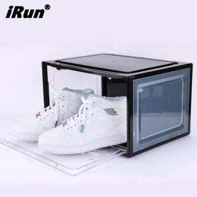 China Irun High Quality Sustainable Large Shoe Racks Stackable Shoe Sneaker Drop Front Open Box Plastic Clear Acrylic Shoe Storage Boxes for sale