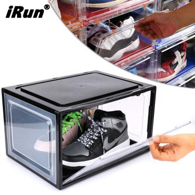 China Irun Front Open Plastic Clear Stackable Sneaker Box Transparent Shoe Viable Containers Shoe Storage Acrylic Sneaker Box With Magnets Lock for sale