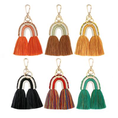 China Wholesale Promotion Gift Rainbow Cotton Woven Rope Keychains For Women Tassel Key Chain For Girls Bag Accessories for sale