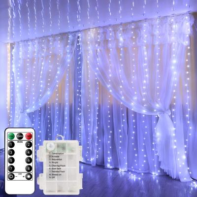 China 3AA Battery Remote Control 3x3m 300 Modes LED 8 Window Curtain String Light for Bedroom Decorations for sale