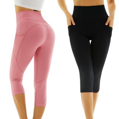 China 2022 Moq 1 Size Capri Yoga Legging Pants Seamless Stretch Gym Sport Workout Slim Pants Wholesale Hot QUICK DRY Fitness Top With Pocket Women for sale