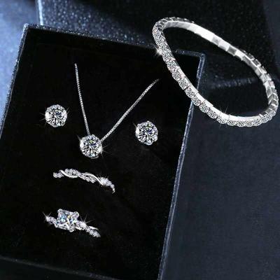 China Romantic Classic Crystal Round Zircon Jewelry Set Necklace Pendant Ring And Bracelet Set For Women Jewelry Gift for sale