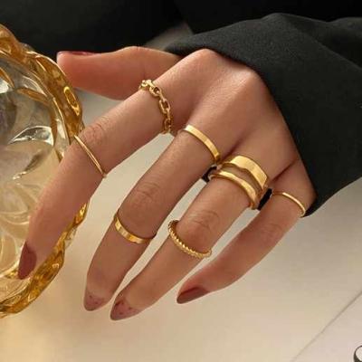 China Other Punk Gold Wide Chain Rings Set Fashion Finger Rings Irregular Slim Gift 2021 Jewelry Female Part for sale