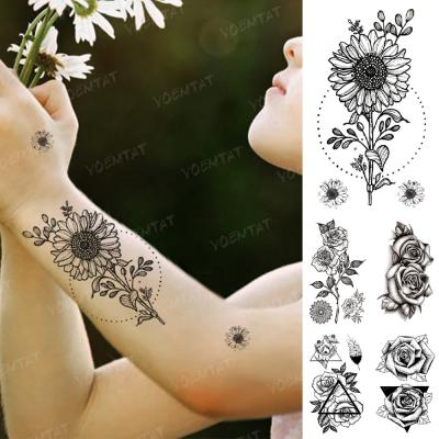 China Simple Temporary Black Flowers Line Sunflower Rose Tatto Kid Adult Personalized Small Waterproof Temporary Tattoo Sticker for sale