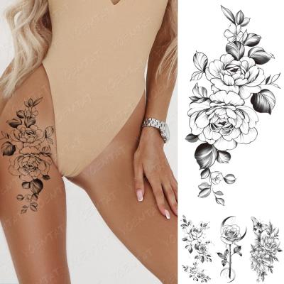 China Minimalist Line Female Temporary Body Art Waterproof Temporary Tattoo Sticker of Lotus Rose Flower Blossom Flash Arm Tattos for sale