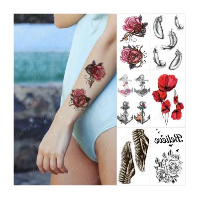 China Rose Flower Wings Waterproof Temporary Long Lasting Tattoo Stickers For Women Kids for sale