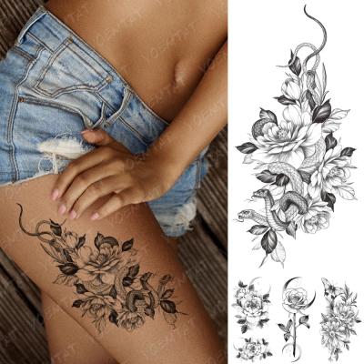 China Body Art Arm Thigh Waterproof Temporary Tattoo Snake Temporary Black Flower Peony Tattos Sketch Sticker Instant Female Line for sale