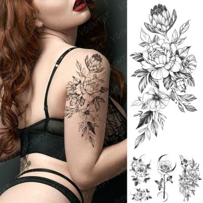 China Peony Chrysanthemum Rose Flash Tattoos Female Line Arm Thigh Waterproof Temporary Body Art Tattoo Stickers for sale