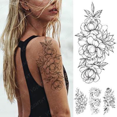 China Instant Female Minimalist Line Body Art Waterproof Temporary Tattoo Sticker Arm Thigh Flower Temporary Black Peony Tatoos Sticker for sale