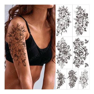 China Women Temporary Realistic Flower Tatoos Body Art Tatoo Rose Lotus Line Floral Waterproof Temporary Tattoo Stickers for sale