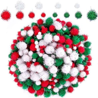 China Educational Kid Toys Christmas 2022 Pompoms Glitter Fluffy Pompoms Balls For DIY Craft School Craft Project Decorations Red White for sale