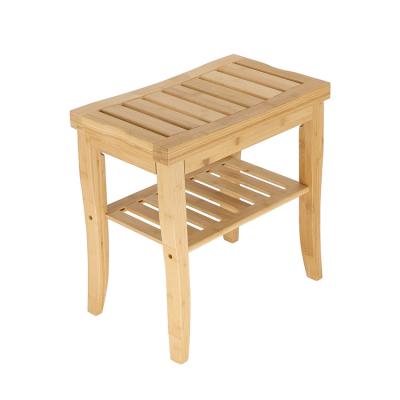 China Contemporary Bamboo Bathroom Bath Chair Seat Shower Bench With 2 Tier Storage Shelf for sale