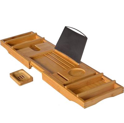 China High Quality Sustainable Wooden Reading Expandable Bamboo Bath Caddy Stand Tub Caddy for sale