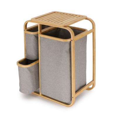 China Contemporary Customized Bamboo Foldable Multi-Layer Storage Shelf Disassembly Dirty Laundry Basket Dirty Laundry Hamper With Lid Liner for sale