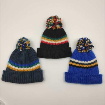 China COMMON Kids Boys Baby Knitted Hat Winter Stripe Acrylic Pompom Size Quality for sale