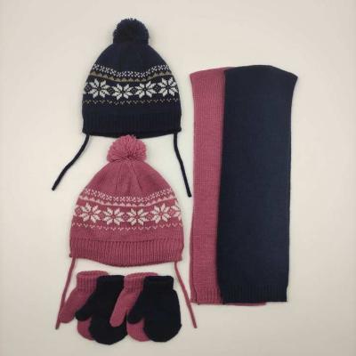 China COMMON Girls Boys Kids Baby Knitted Hat Winter Cap and Glove Set Acrylic Scarf and Snowflake for sale