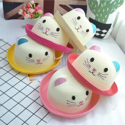 China Wholesale Stiff Oversized UV Soft Disc Jazz Boater Bucket Beanie Unisex Gorro Foldable Straw Hats Kwai Cartoon Cat Protector Fashional Baby for sale