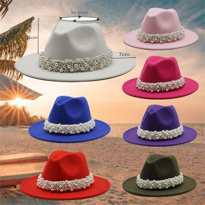 China 2021 Image Solid Color Polyester Cotton Vegan Fedora Hat Material With Pearl Edge Wool Fedora Hat Wide Party Music Festival for sale