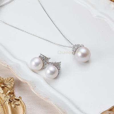 China Panla's CLASSIC Queen Necklace Earrings S925 Sterling Silver Freshwater Pearl Ice Ring With Zircon Jewelry Set Women for sale