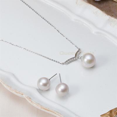 China High Quality Fashion Real Freshwater Cultured Pearl Necklace And Earring Pearl Jewelry Set Natural Freshwater Pearl Jewelry Set 925 Silver for sale