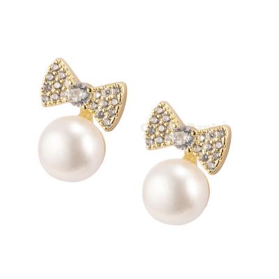 China Other Panla Queen Hot Selling Gold Plated Large Circle Freshwater White Diamond Bow Pearl Earrings For 2022 Women for sale