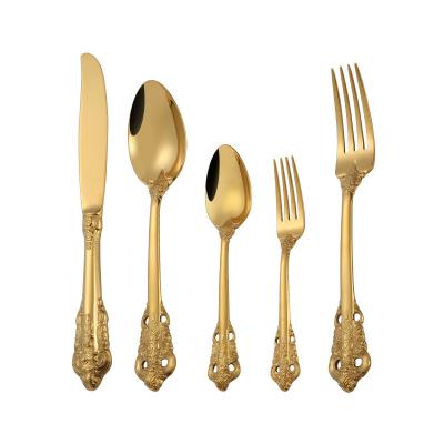 China Vintage Stocked Luxury Royal Gold Plated Cutlery Set Wedding Stainless Steel Hotel Flatware for sale