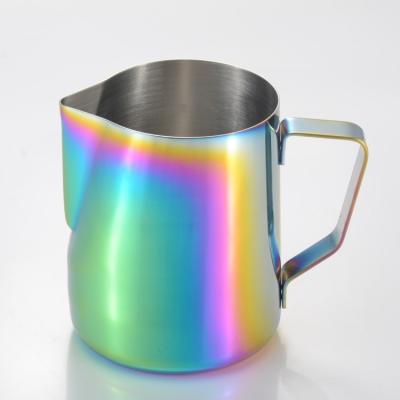 China Stocked 350ml 600ml Stainless Steel Metal Skimming Jug Color Steaming Jug For Coffee Milk for sale