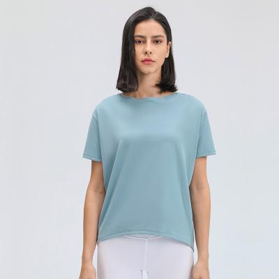 China Breathable Loose Fit Short Sleeve Crop Top Fit Sweatshirt Round Neck Workout Shirts Sports Gym Yoga T-Shirt for sale