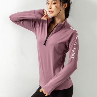 China Sports Stock Factory Front Fitness Breathable Hooded High Running Jacket Elastic Zipper Long Sleeve T-shirt Fitness Clothing For Women for sale