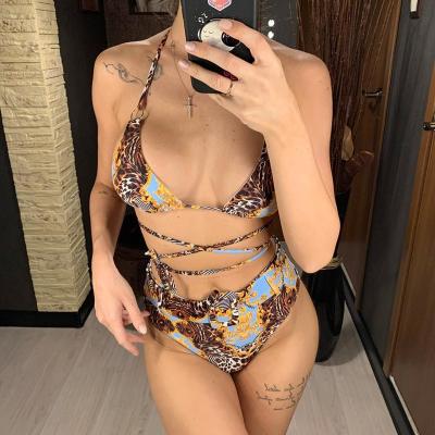 China Waterproof Wrap Around Top Leopard Female Swimsuit Waist Bikini Set Women Swimwear Two-Pieces Halter Bather Bathing Suit Swim V1926 for sale