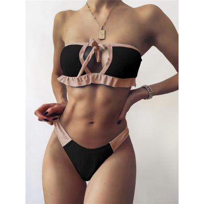 China Waterproof Ruched Splicing Bandeau Cut Bikini Set Lettuce Patchwork Swimsuit Women Swimwear Two-Pieces Female Bather Bathing Suit for sale