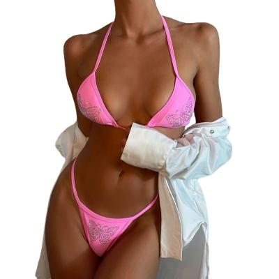 China Removable Padded Halter Rhinestone Triangle Solid Bikini Set Swimwear Two-Pieces Swimwear High Leg Thong Feminine Swimsuit Women Sexy Lady for sale