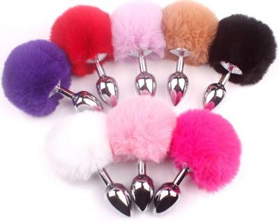 China New Design Stainless Steel Metal+Fur Metal Rabbit Tail Anal Plug Silver Butt Women for sale