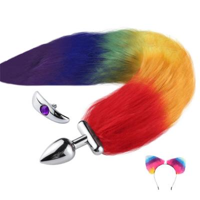 China 2020 New Rainbow Artificial Fur Fox Tail Metal Butt Replaceable Anus Plug Replaceable Anal Toys For Woman Adult Intimate Toys for sale