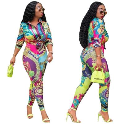 China OF15-1919 New Viable Elegant Multicolor Printing Shirt And Pants Autumn Two Piece Set Women for sale