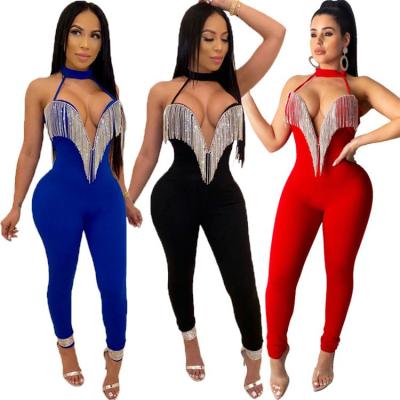 China Bestselling 12085NA Sleeveless Anti-Static Halter V Neck Beading Tassel Bodycon Women Fashion Rompers Clothing for sale