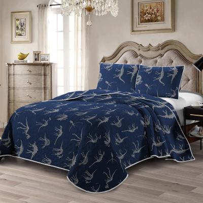 China Sustainable New Design Ultrasonic Blue Embroidery Bedspread Oversize Lightweight Quilted Dinosaur Coverlet Bedding set for sale