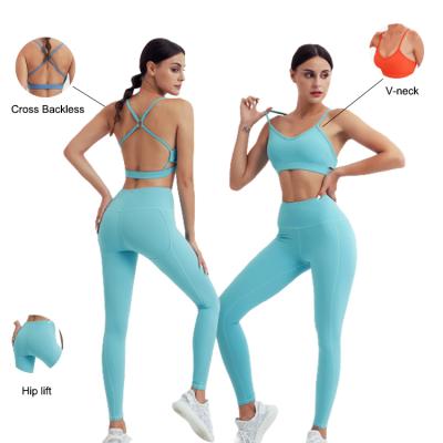 China MOQ Breathable Double Stockings Sided Swept Running Sports Suit Compression Nude Feeling Yoga Sets Gym Fitness Sets for sale