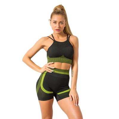 China Breathable Women Color Block Short Set Seamless Bra+Short Tracksuit Set Power Flex Yoga Set for sale