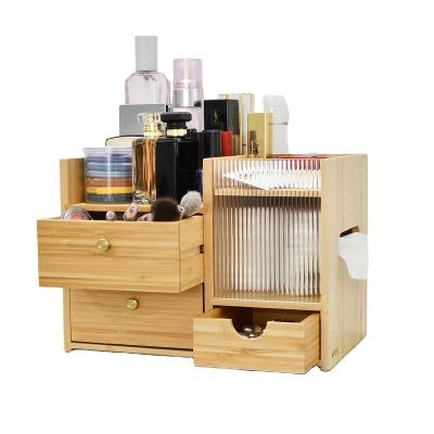 China Desktop Sustainable Bamboo Organizer With Drawers100% Original Bamboo Storage Organization Box 3 Tier Table Shelf for sale