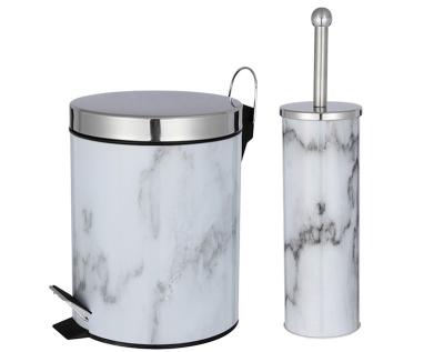 China Sustainable New Design Marble Pedal Trash Cans Set With Soft Narrow Toilet Brusher Holder Waste Bin Toilet Brush Holder Set For Bathroom for sale