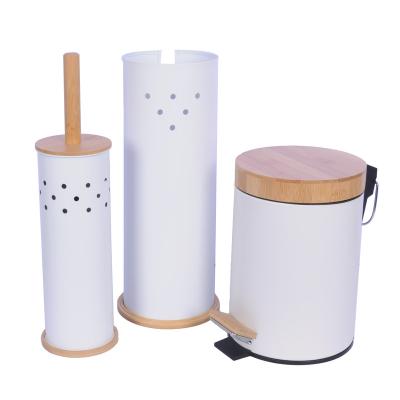 China New Design Bathroom Series Iron Workable Trash Can Matching Brush Holder Pedal Trash Cans Set With Bamboo Lid for sale