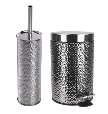 China Durable 3L Stainless Steel Metal Pedal Embossing Bin With Toilet Brush For Bathroom Set Waste Bin for sale