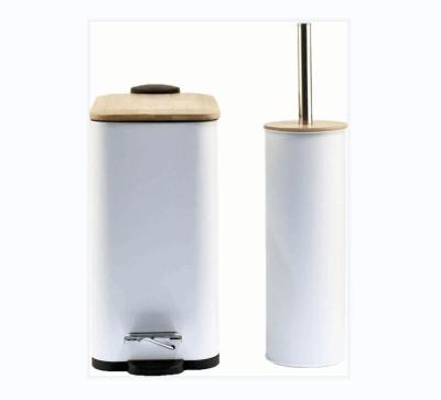 China 2023 Viable Home and Kitchen Metal Pedal Trash Can Waste Bin and Toilet Brush Holder with Lid Rectangle Shape Pedal Bin Bamboo Set for sale