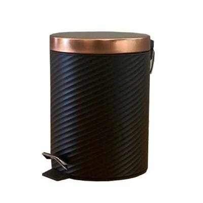 China Workable Pedal Bin Black Embossed Design Bronze Lid Round Shape Kitchen Food Waste Pedal Bins Lid Metal Waste Bin for sale