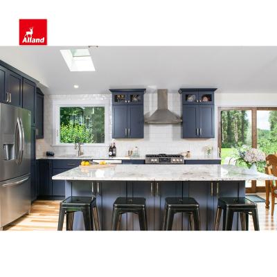 China Allandcabinet Shaker Kitchen Cabinet Matte Lacquer Casual Causal Beach Navy Blue Style L Form Joinery With Island With White Benchtop for sale