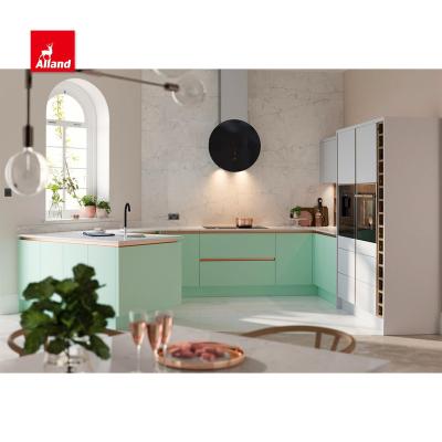 China AllandCabinet Modern Two Tone Design Lacquer Matte Curved L Shape Light Green Sideboard With Flat Panel And Solid Wood Shelves for sale