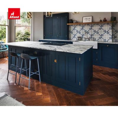 China Allandcabinet American Framed Sideboard Full Transitional Overlay with Island Shaker Style Dark Blue Transitional Cupboards for sale