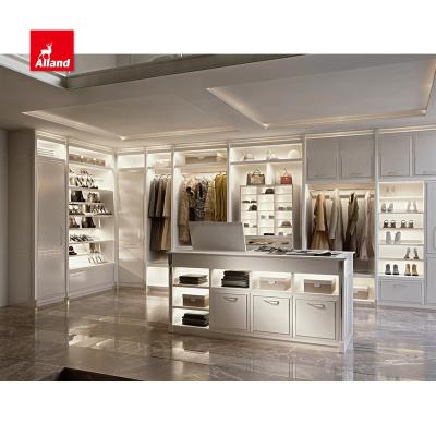 China Allandcabinets modern customized white walk-in wardrobes with stained glass swing door panel and drawers with LED light for sale