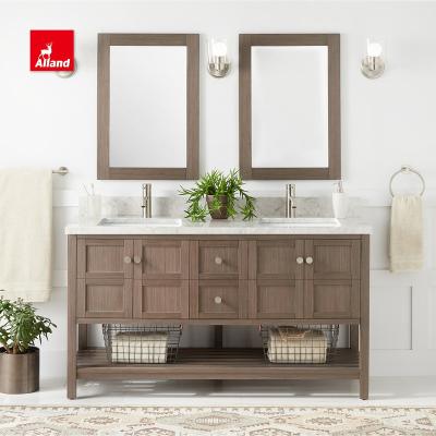 China Allandcabinet Design Traditional Double Sink Bathroom Vanity Shaker Brown Solid Wood Vanity With Under Mount White Sink for sale